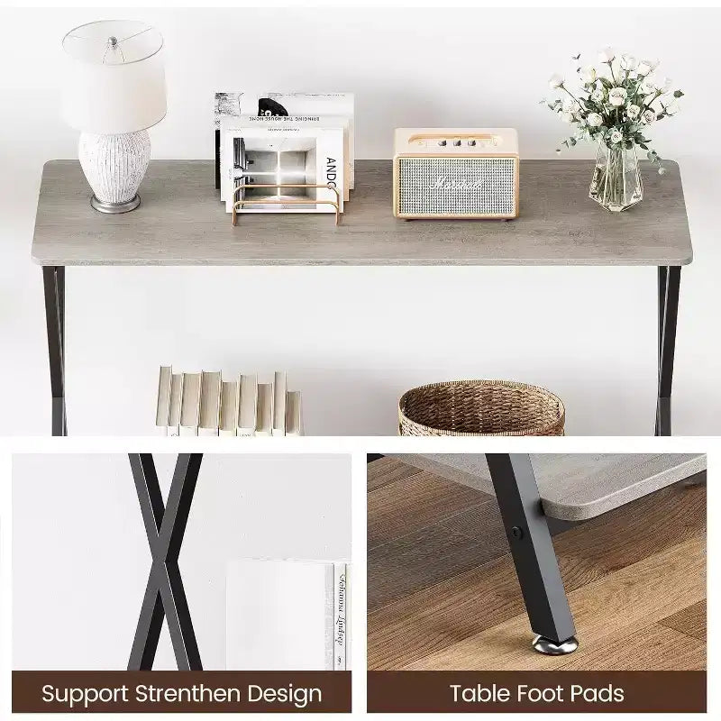 Long Narrow Console Table, Entryway Table with Storage Shelf, Behind Couch or Hallway, Farmhouse & Industrial