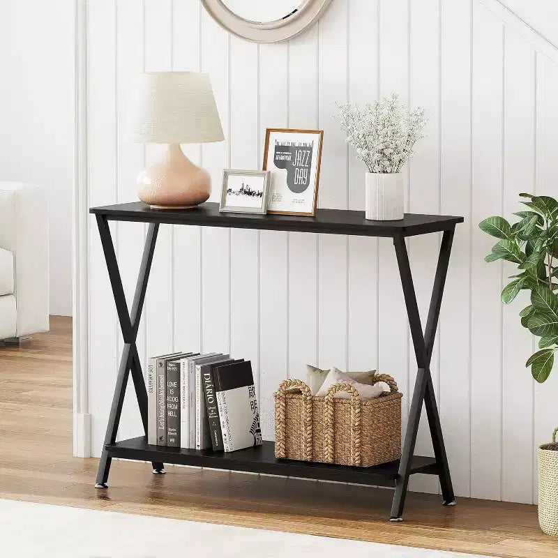 Long Narrow Console Table, Entryway Table with Storage Shelf, Behind Couch or Hallway, Farmhouse & Industrial