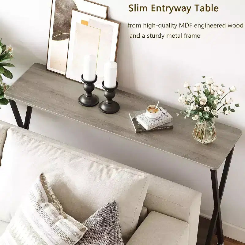Long Narrow Console Table, Entryway Table with Storage Shelf, Behind Couch or Hallway, Farmhouse & Industrial