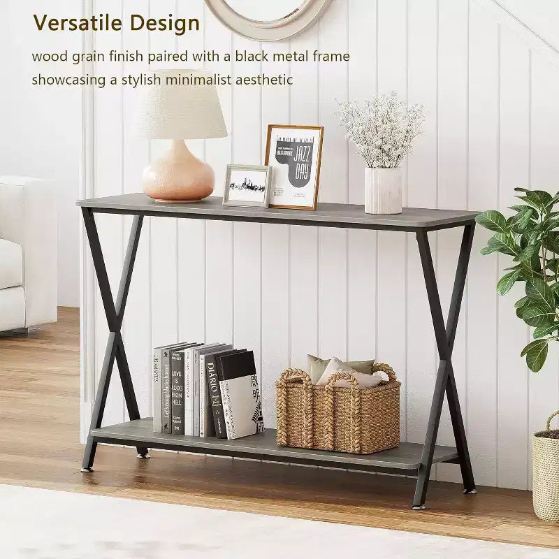 Long Narrow Console Table, Entryway Table with Storage Shelf, Behind Couch or Hallway, Farmhouse & Industrial