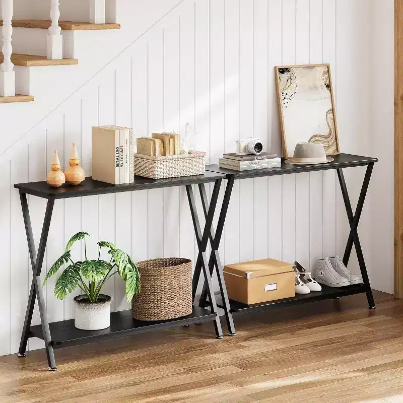 Long Narrow Console Table, Entryway Table with Storage Shelf, Behind Couch or Hallway, Farmhouse & Industrial