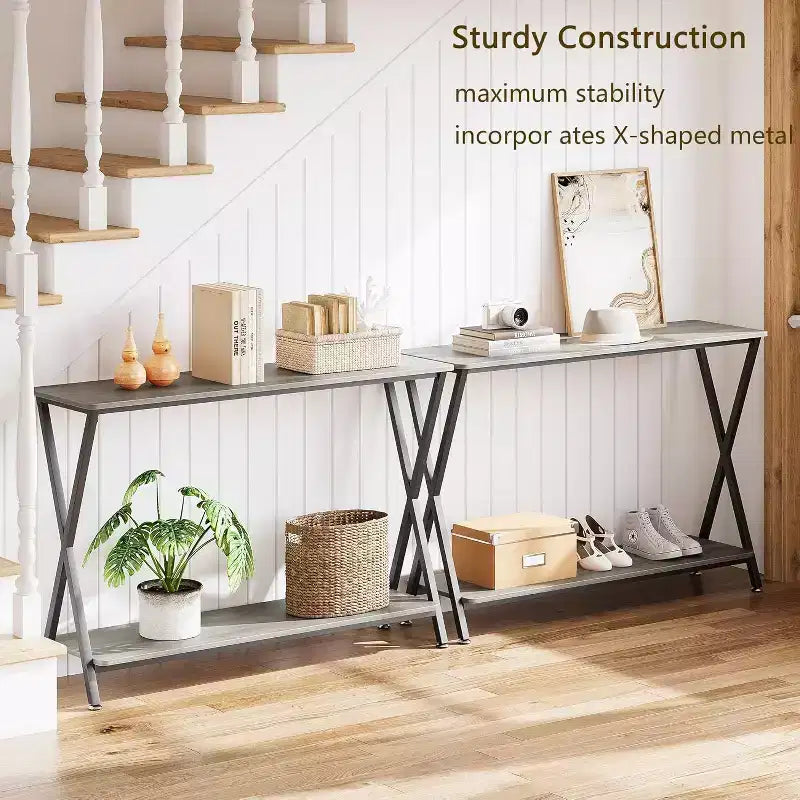 Long Narrow Console Table, Entryway Table with Storage Shelf, Behind Couch or Hallway, Farmhouse & Industrial