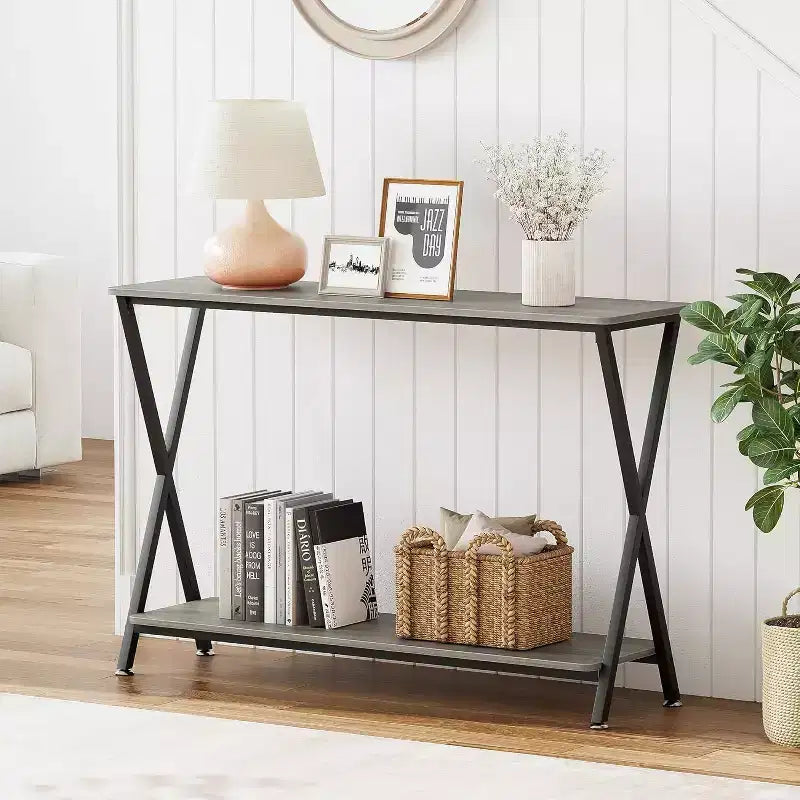 Long Narrow Console Table, Entryway Table with Storage Shelf, Behind Couch or Hallway, Farmhouse & Industrial
