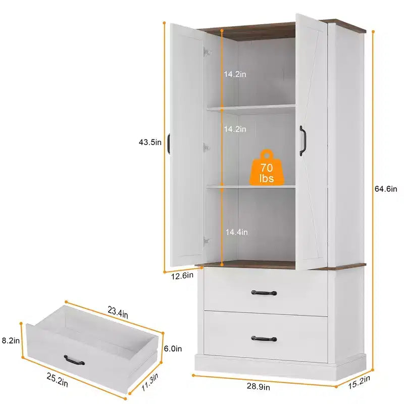 TROPOW Kitchen Pantry Storage Cabinet with Barn Doors, Drawer, and 2 Adjustable Shelves, Freestanding Tall Hutch with Microwave Stand for Kitchen