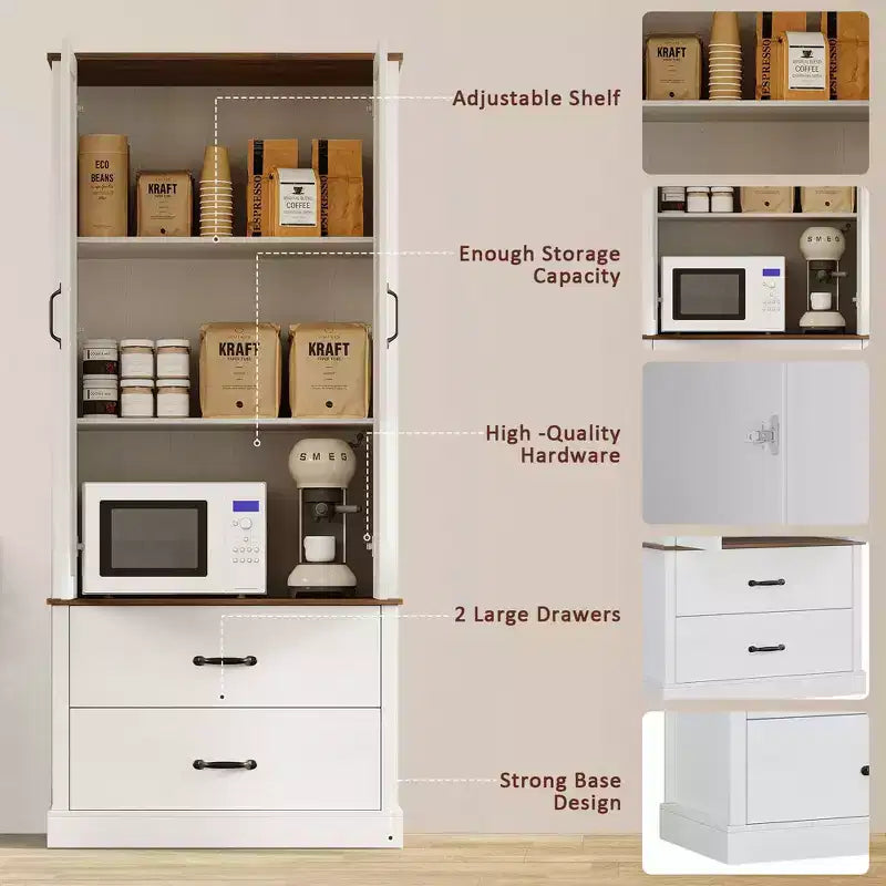 TROPOW Kitchen Pantry Storage Cabinet with Barn Doors, Drawer, and 2 Adjustable Shelves, Freestanding Tall Hutch with Microwave Stand for Kitchen