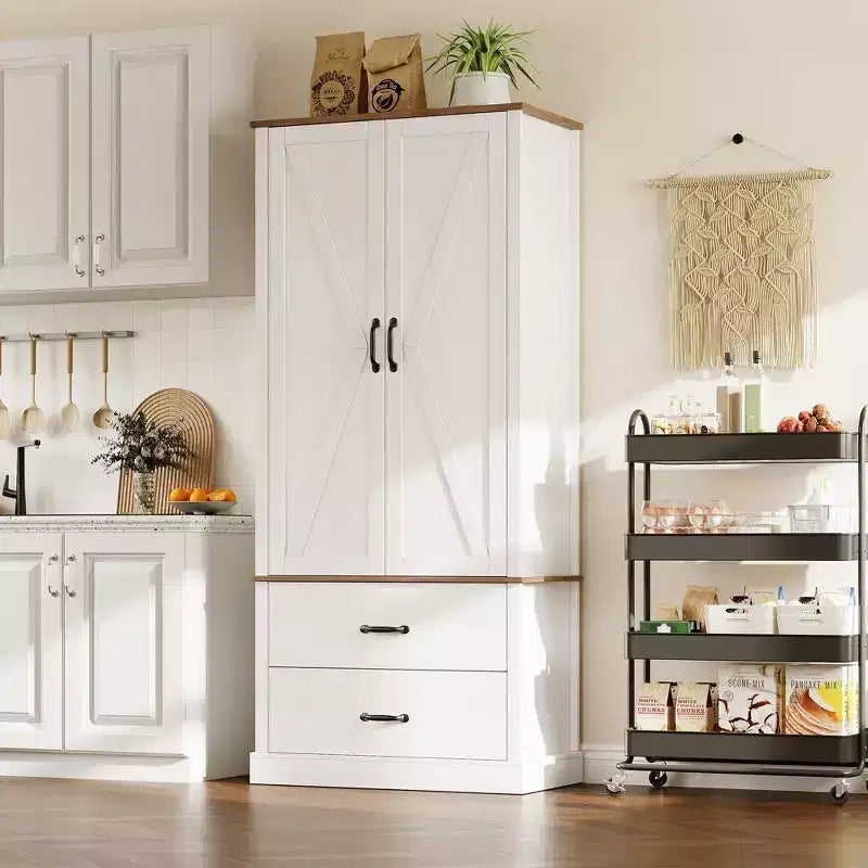TROPOW Kitchen Pantry Storage Cabinet with Barn Doors, Drawer, and 2 Adjustable Shelves, Freestanding Tall Hutch with Microwave Stand for Kitchen