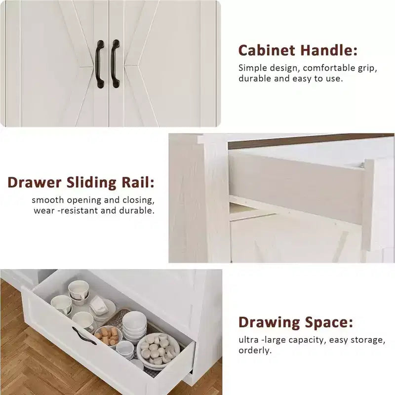 TROPOW Kitchen Pantry Storage Cabinet with Barn Doors, Drawer, and 2 Adjustable Shelves, Freestanding Tall Hutch with Microwave Stand for Kitchen
