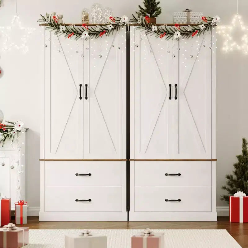 TROPOW Kitchen Pantry Storage Cabinet with Barn Doors, Drawer, and 2 Adjustable Shelves, Freestanding Tall Hutch with Microwave Stand for Kitchen