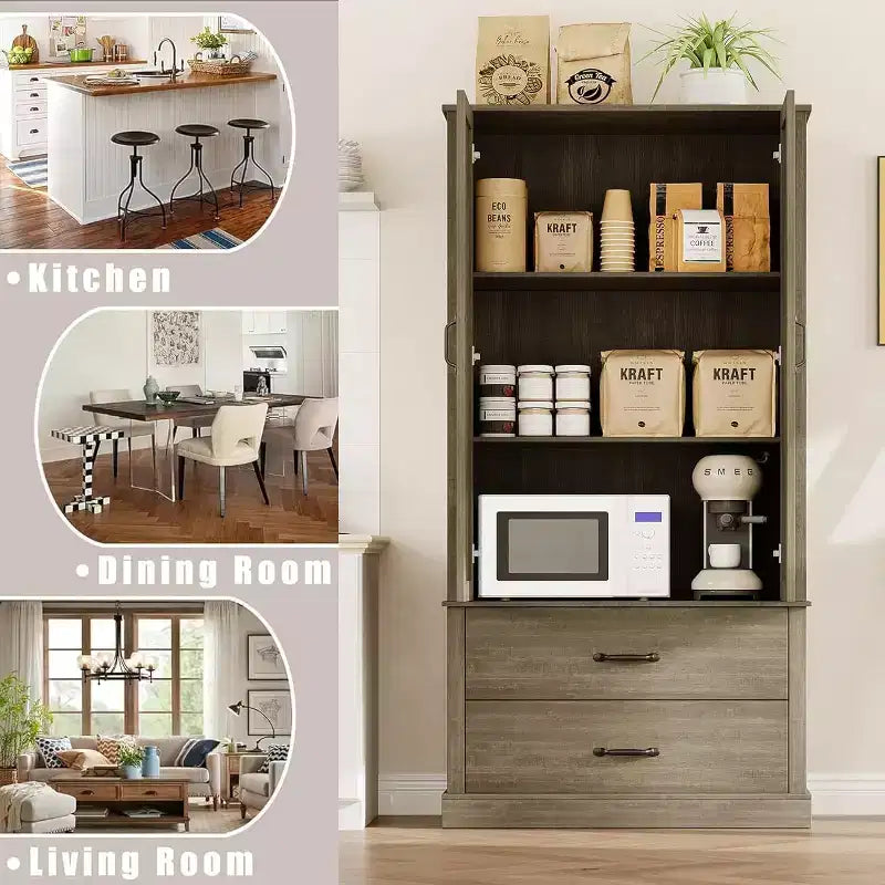 TROPOW Kitchen Pantry Storage Cabinet with Barn Doors, Drawer, and 2 Adjustable Shelves, Freestanding Tall Hutch with Microwave Stand for Kitchen
