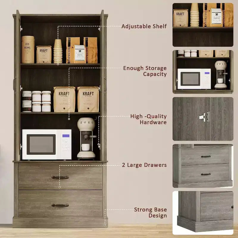 TROPOW Kitchen Pantry Storage Cabinet with Barn Doors, Drawer, and 2 Adjustable Shelves, Freestanding Tall Hutch with Microwave Stand for Kitchen
