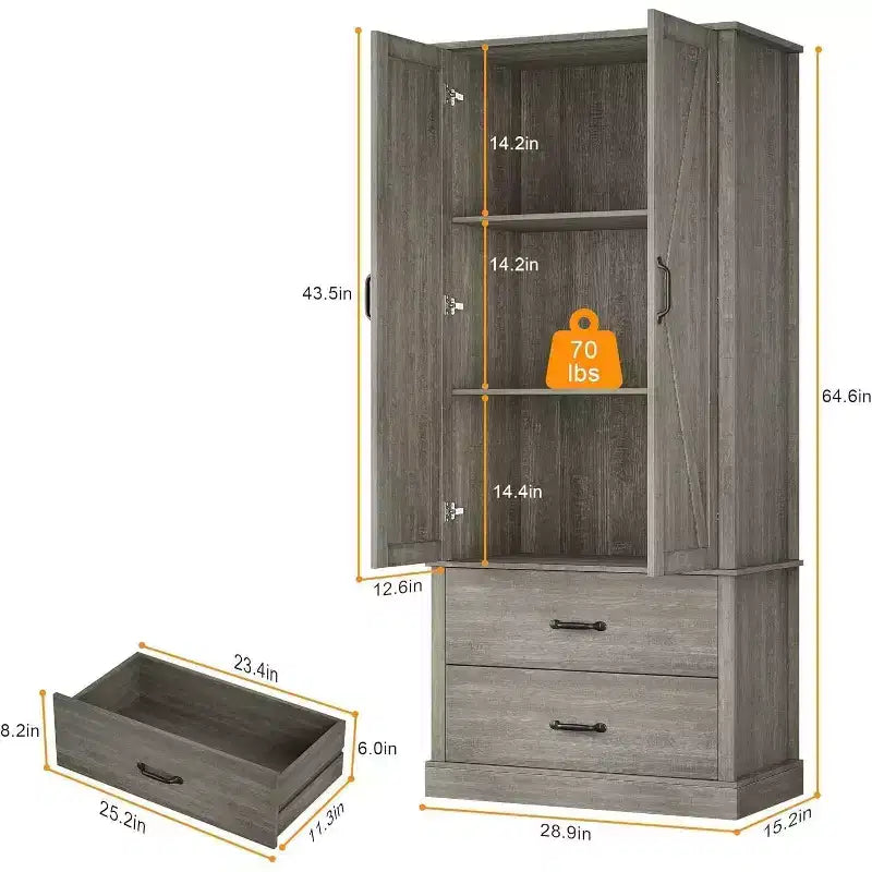 TROPOW Kitchen Pantry Storage Cabinet with Barn Doors, Drawer, and 2 Adjustable Shelves, Freestanding Tall Hutch with Microwave Stand for Kitchen
