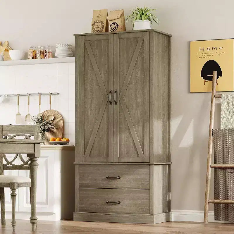 TROPOW Kitchen Pantry Storage Cabinet with Barn Doors, Drawer, and 2 Adjustable Shelves, Freestanding Tall Hutch with Microwave Stand for Kitchen