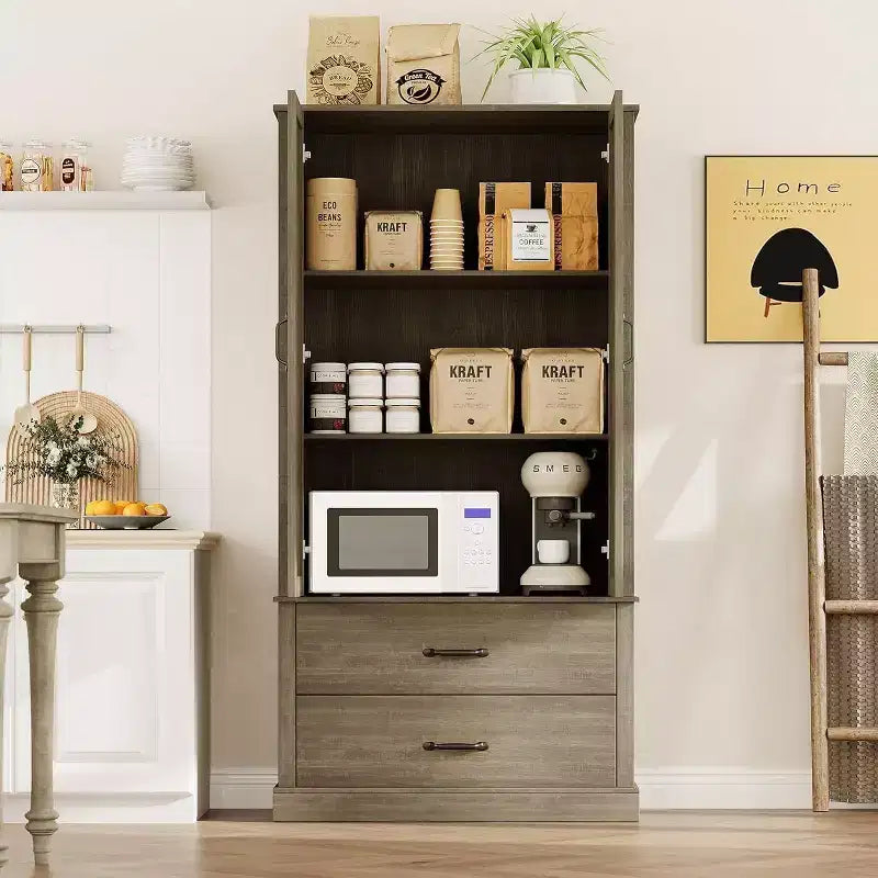 TROPOW Kitchen Pantry Storage Cabinet with Barn Doors, Drawer, and 2 Adjustable Shelves, Freestanding Tall Hutch with Microwave Stand for Kitchen