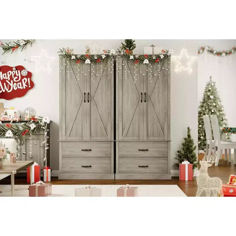 TROPOW Kitchen Pantry Storage Cabinet with Barn Doors, Drawer, and 2 Adjustable Shelves, Freestanding Tall Hutch with Microwave Stand for Kitchen