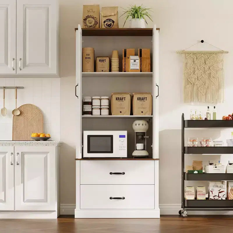 TROPOW Kitchen Pantry Storage Cabinet with Barn Doors, Drawer, and 2 Adjustable Shelves, Freestanding Tall Hutch with Microwave Stand for Kitchen
