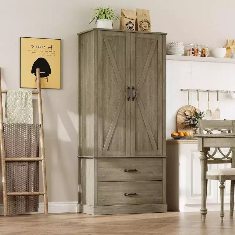 TROPOW Kitchen Pantry Storage Cabinet with Barn Doors, Drawer, and 2 Adjustable Shelves, Freestanding Tall Hutch with Microwave Stand for Kitchen