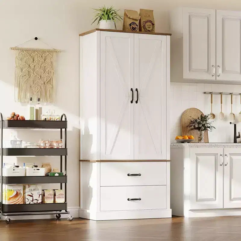 TROPOW Kitchen Pantry Storage Cabinet with Barn Doors, Drawer, and 2 Adjustable Shelves, Freestanding Tall Hutch with Microwave Stand for Kitchen