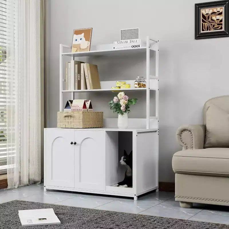 Large Litter Box Enclosure with Shelves and Doors, 52'' Decorative Storage Cabinets with Scratch Pad