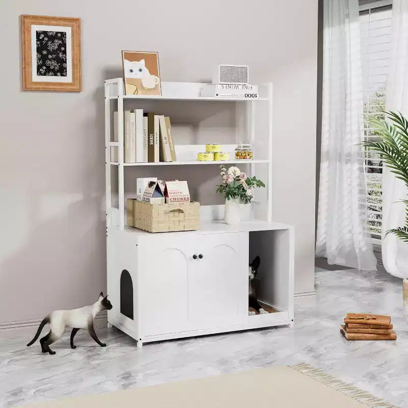 Large Litter Box Enclosure with Shelves and Doors, 52'' Decorative Storage Cabinets with Scratch Pad