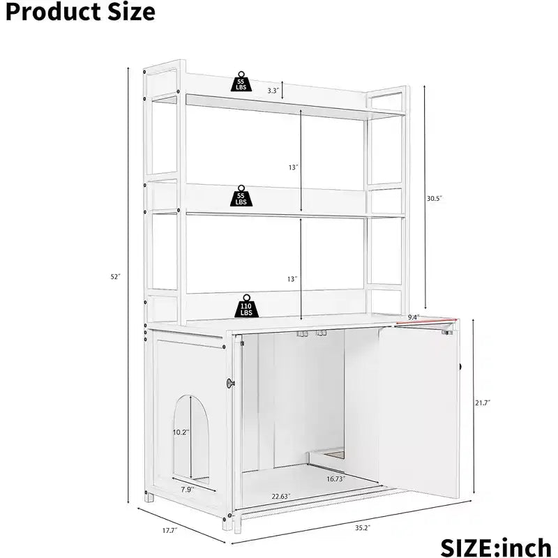 Large Litter Box Enclosure with Shelves and Doors, 52'' Decorative Storage Cabinets with Scratch Pad