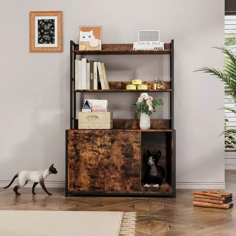 Large Litter Box Enclosure with Shelves and Doors, 52'' Decorative Storage Cabinets with Scratch Pad