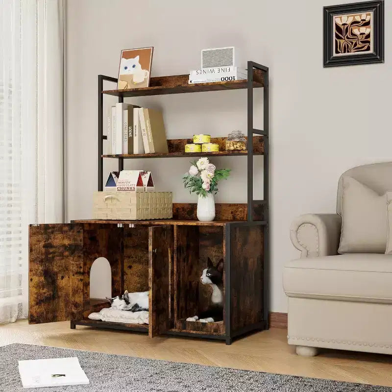 Large Litter Box Enclosure with Shelves and Doors, 52'' Decorative Storage Cabinets with Scratch Pad