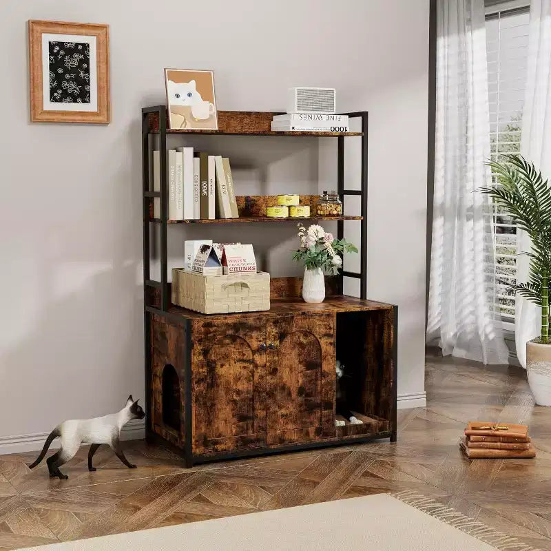 Large Litter Box Enclosure with Shelves and Doors, 52'' Decorative Storage Cabinets with Scratch Pad
