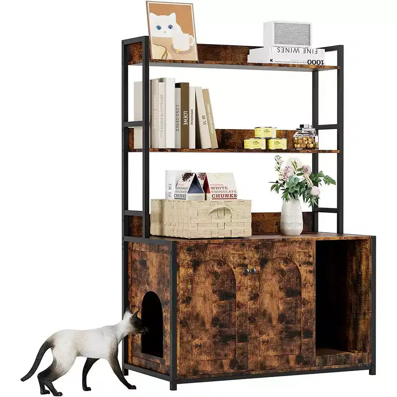Large Litter Box Enclosure with Shelves and Doors, 52'' Decorative Storage Cabinets with Scratch Pad