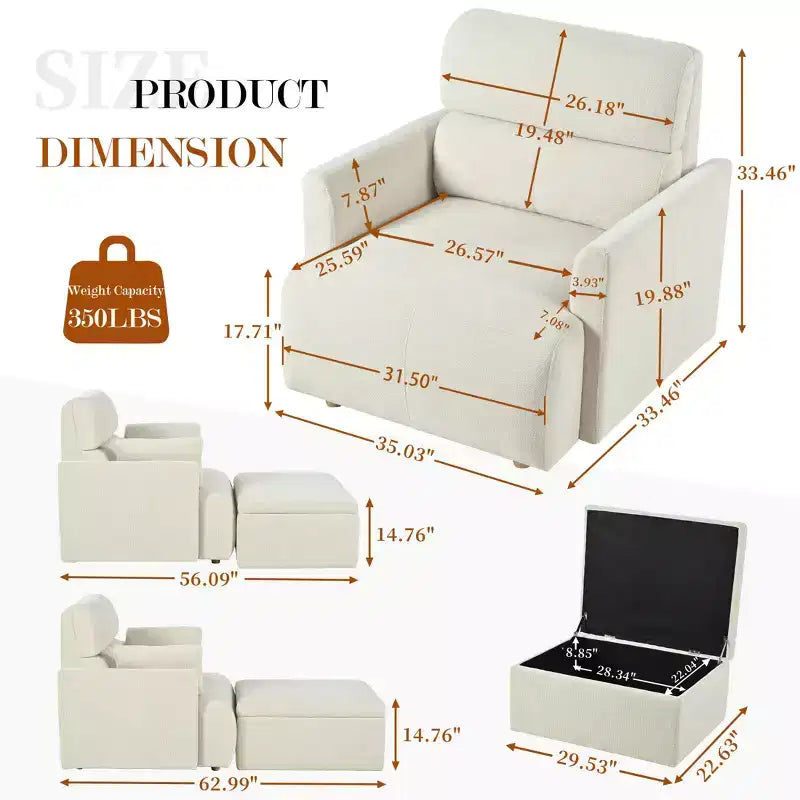 ModernLuxe Upholstered Chaise Lounge with Storage Ottoman, Wide Accent Chair Armchair Lazy Single Sofa Reading Couch Chair, Gray/Beige