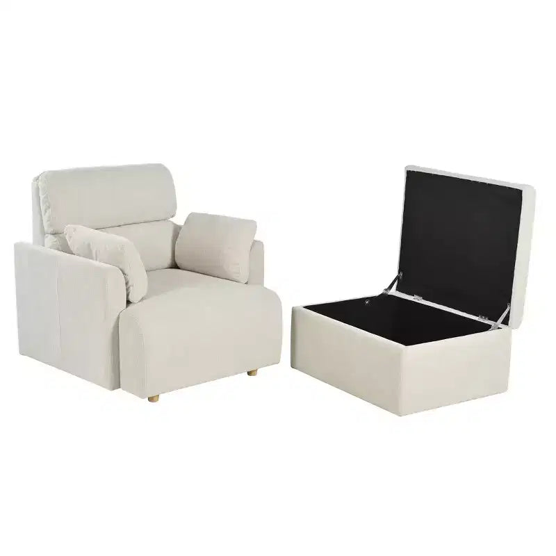 ModernLuxe Upholstered Chaise Lounge with Storage Ottoman, Wide Accent Chair Armchair Lazy Single Sofa Reading Couch Chair, Gray/Beige