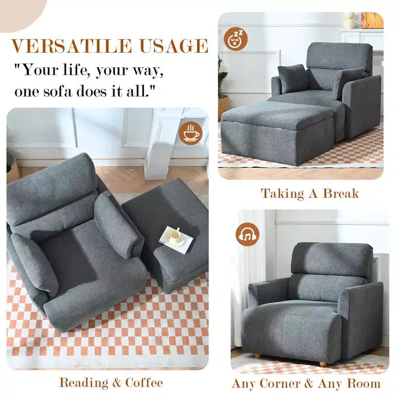 ModernLuxe Upholstered Chaise Lounge with Storage Ottoman, Wide Accent Chair Armchair Lazy Single Sofa Reading Couch Chair, Gray/Beige