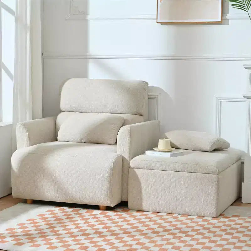 ModernLuxe Upholstered Chaise Lounge with Storage Ottoman, Wide Accent Chair Armchair Lazy Single Sofa Reading Couch Chair, Gray/Beige