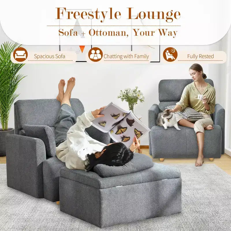 ModernLuxe Upholstered Chaise Lounge with Storage Ottoman, Wide Accent Chair Armchair Lazy Single Sofa Reading Couch Chair, Gray/Beige