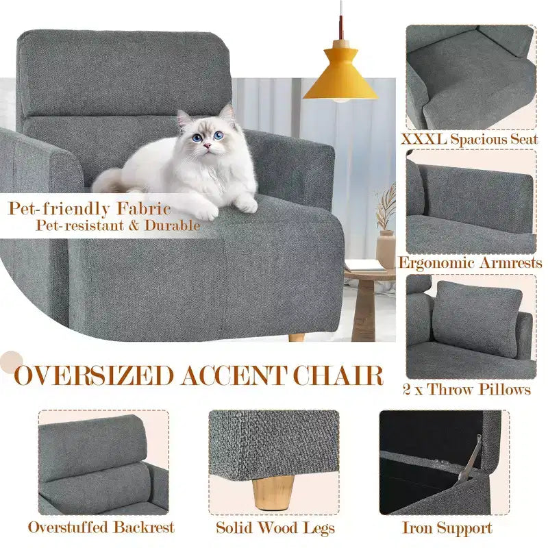 ModernLuxe Upholstered Chaise Lounge with Storage Ottoman, Wide Accent Chair Armchair Lazy Single Sofa Reading Couch Chair, Gray/Beige