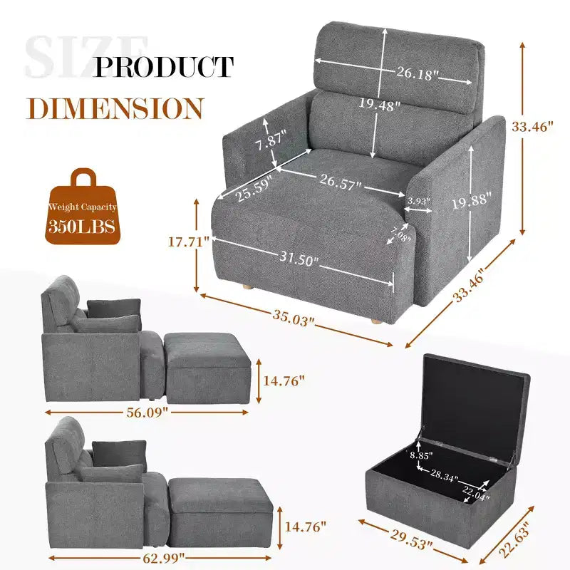 ModernLuxe Upholstered Chaise Lounge with Storage Ottoman, Wide Accent Chair Armchair Lazy Single Sofa Reading Couch Chair, Gray/Beige
