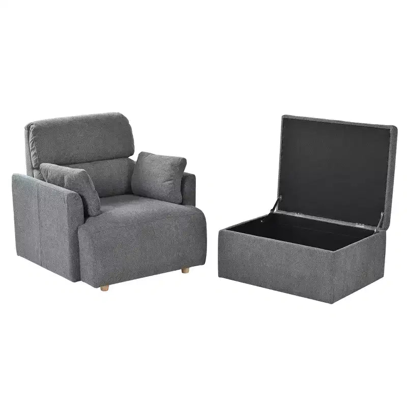 ModernLuxe Upholstered Chaise Lounge with Storage Ottoman, Wide Accent Chair Armchair Lazy Single Sofa Reading Couch Chair, Gray/Beige