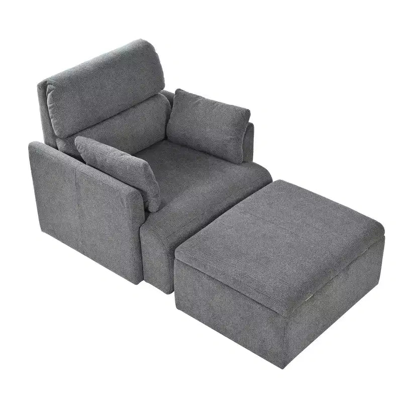 ModernLuxe Upholstered Chaise Lounge with Storage Ottoman, Wide Accent Chair Armchair Lazy Single Sofa Reading Couch Chair, Gray/Beige