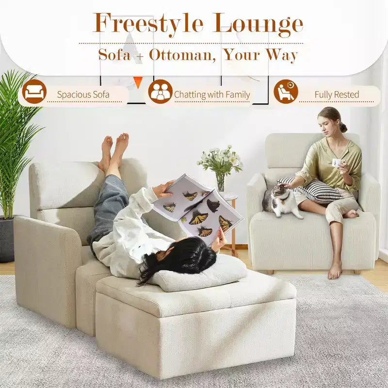 ModernLuxe Upholstered Chaise Lounge with Storage Ottoman, Wide Accent Chair Armchair Lazy Single Sofa Reading Couch Chair, Gray/Beige