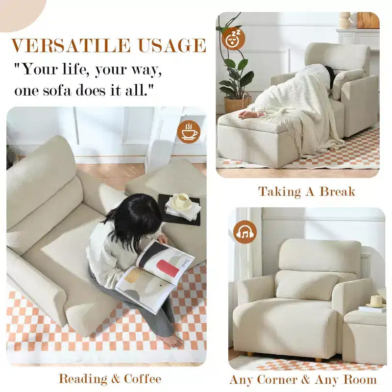 ModernLuxe Upholstered Chaise Lounge with Storage Ottoman, Wide Accent Chair Armchair Lazy Single Sofa Reading Couch Chair, Gray/Beige