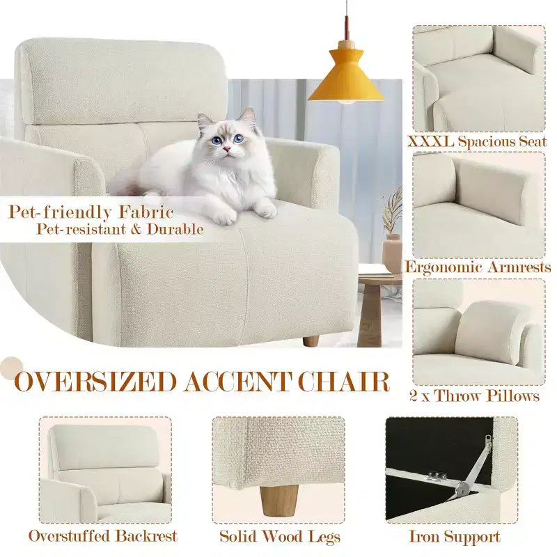 ModernLuxe Upholstered Chaise Lounge with Storage Ottoman, Wide Accent Chair Armchair Lazy Single Sofa Reading Couch Chair, Gray/Beige