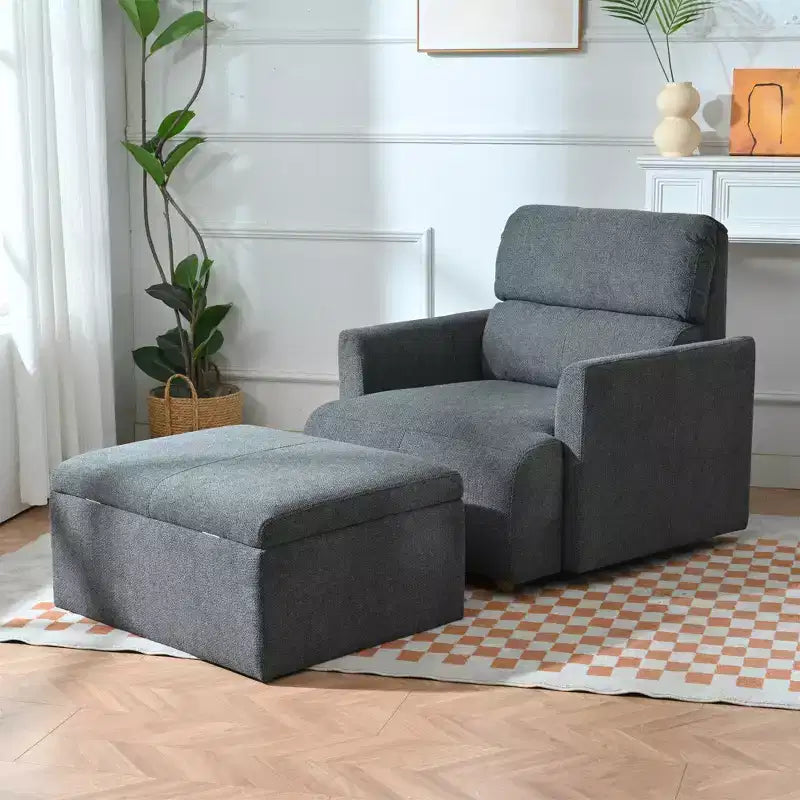 ModernLuxe Upholstered Chaise Lounge with Storage Ottoman, Wide Accent Chair Armchair Lazy Single Sofa Reading Couch Chair, Gray/Beige