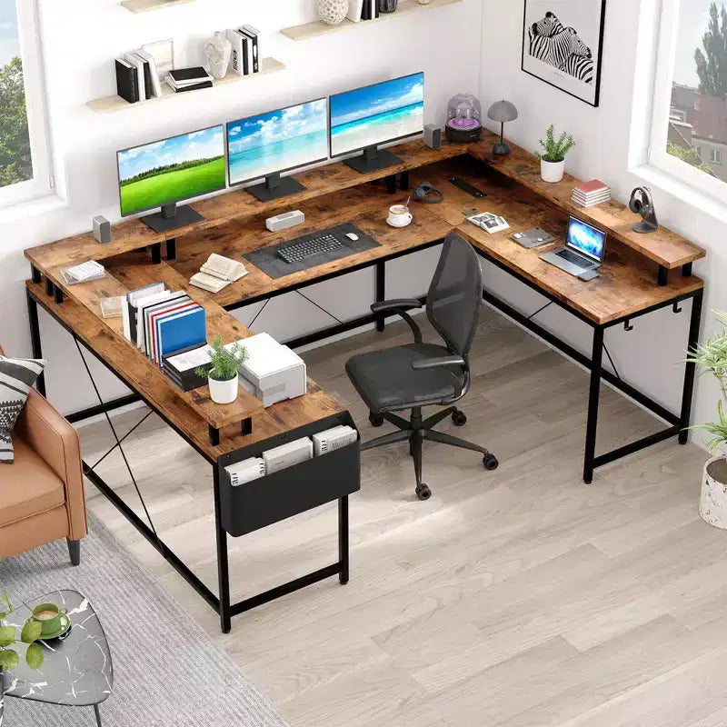 U Shaped Desk, 126 Inch Gaming Desk with Monitor Stand and LED Lights, Reversible Shaped Large Computer Desk with Power Outlets, Office Desk