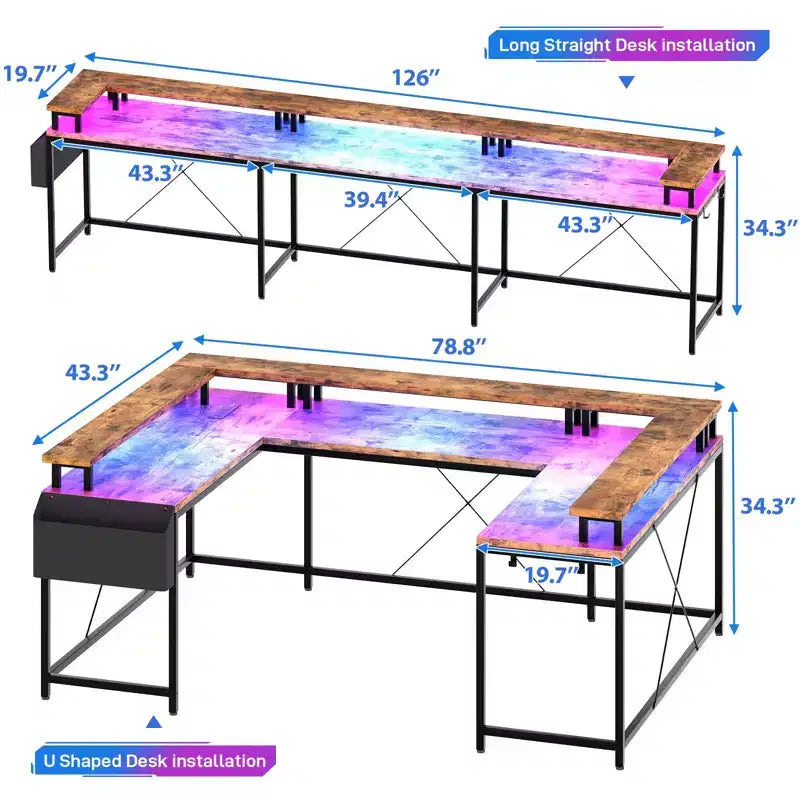 U Shaped Desk, 126 Inch Gaming Desk with Monitor Stand and LED Lights, Reversible Shaped Large Computer Desk with Power Outlets, Office Desk