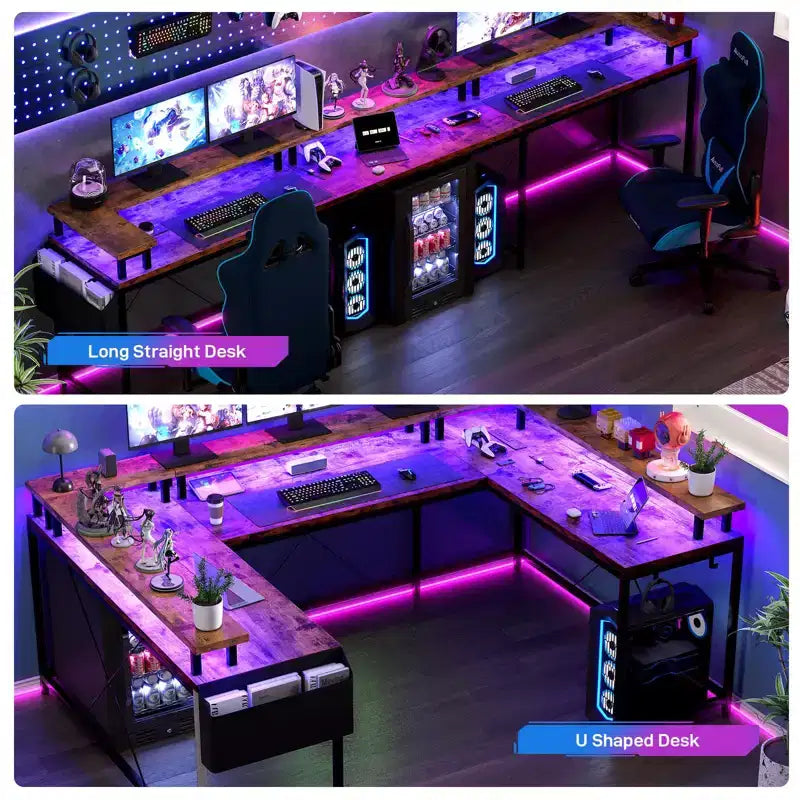 U Shaped Desk, 126 Inch Gaming Desk with Monitor Stand and LED Lights, Reversible Shaped Large Computer Desk with Power Outlets, Office Desk