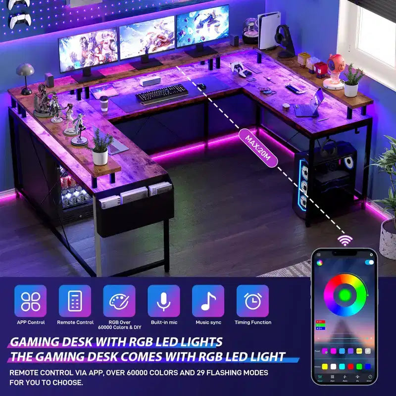 U Shaped Desk, 126 Inch Gaming Desk with Monitor Stand and LED Lights, Reversible Shaped Large Computer Desk with Power Outlets, Office Desk