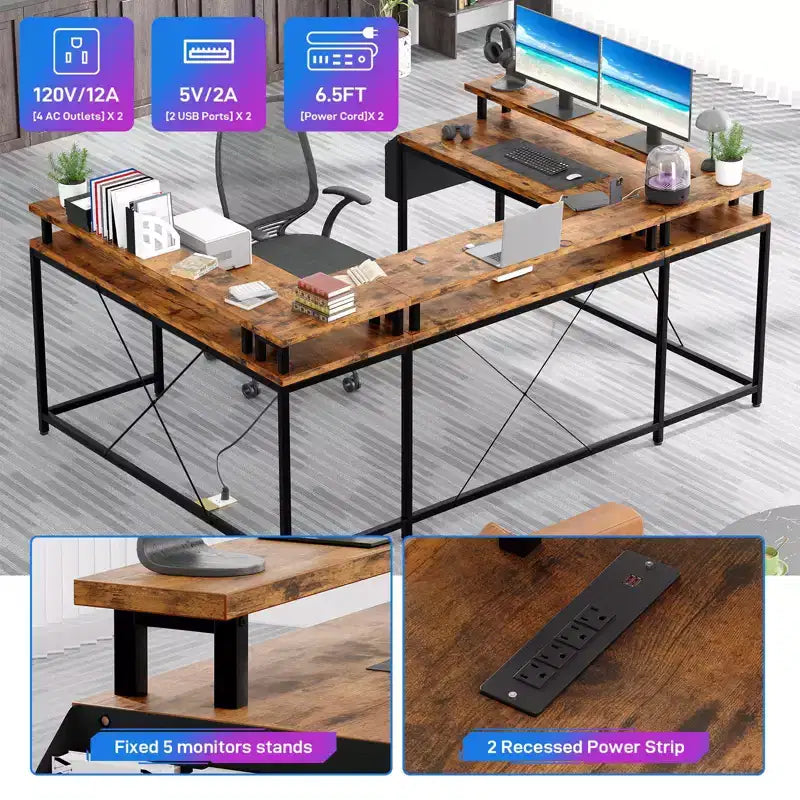 U Shaped Desk, 126 Inch Gaming Desk with Monitor Stand and LED Lights, Reversible Shaped Large Computer Desk with Power Outlets, Office Desk