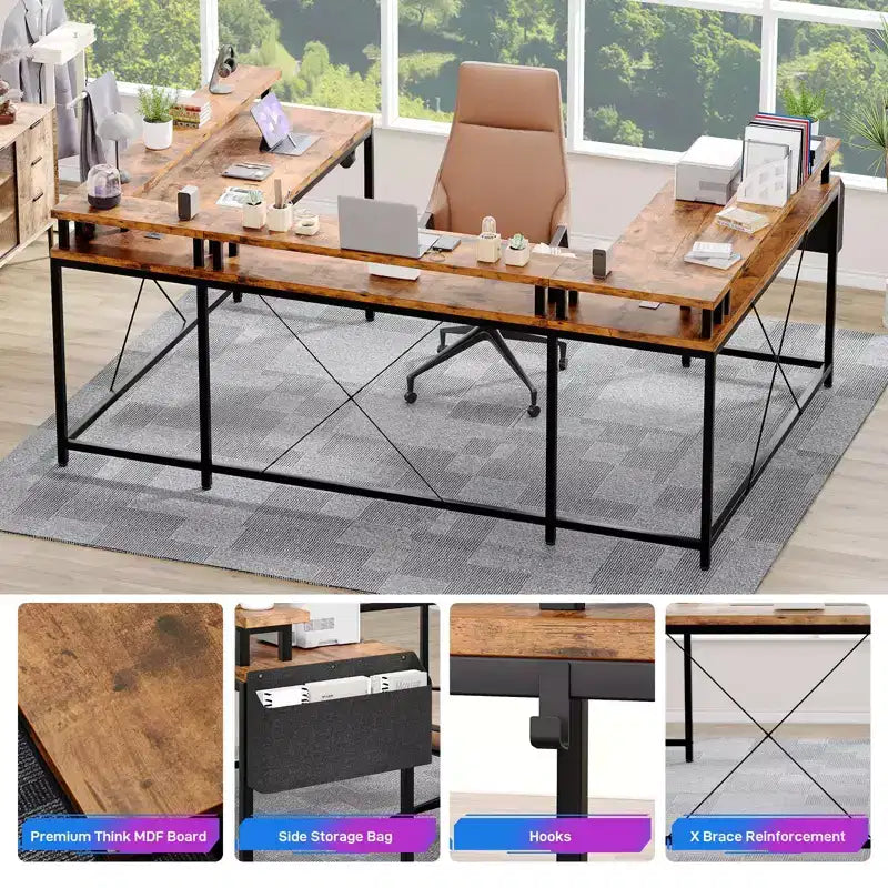 U Shaped Desk, 126 Inch Gaming Desk with Monitor Stand and LED Lights, Reversible Shaped Large Computer Desk with Power Outlets, Office Desk