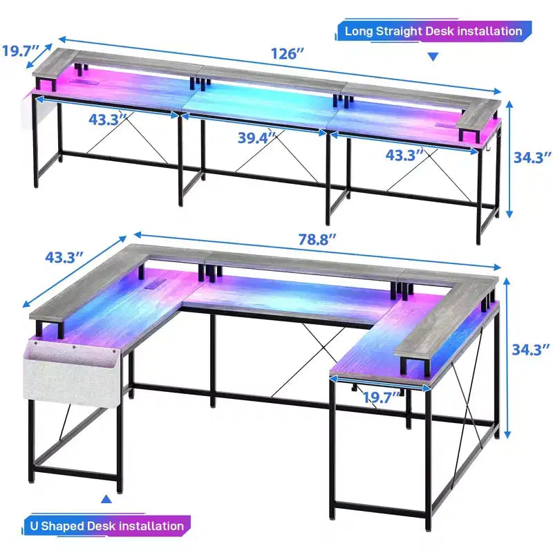 U Shaped Desk, 126 Inch Gaming Desk with Monitor Stand and LED Lights, Reversible Shaped Large Computer Desk with Power Outlets, Office Desk