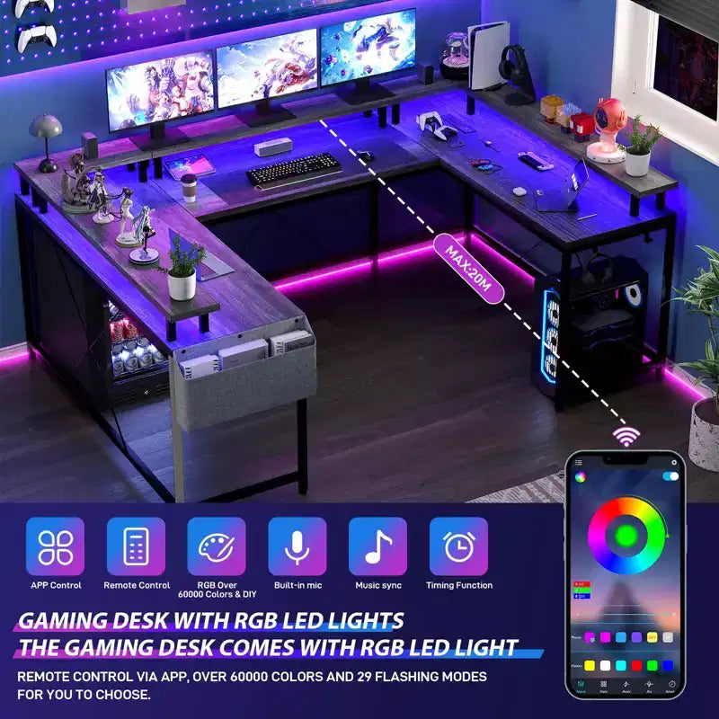 U Shaped Desk, 126 Inch Gaming Desk with Monitor Stand and LED Lights, Reversible Shaped Large Computer Desk with Power Outlets, Office Desk