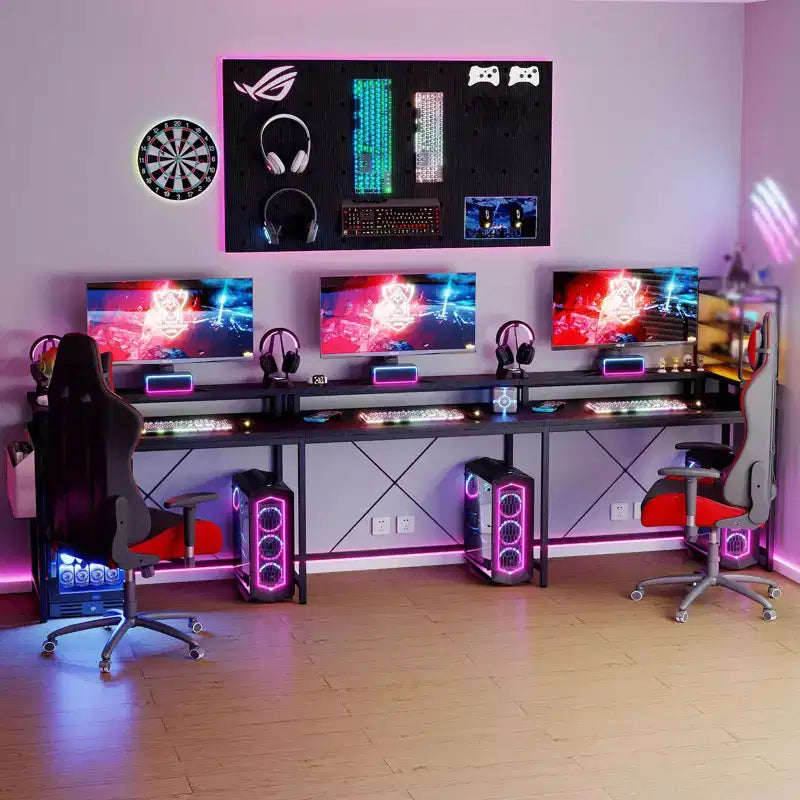U Shaped Desk, 126 Inch Gaming Desk with Monitor Stand and LED Lights, Reversible Shaped Large Computer Desk with Power Outlets, Office Desk